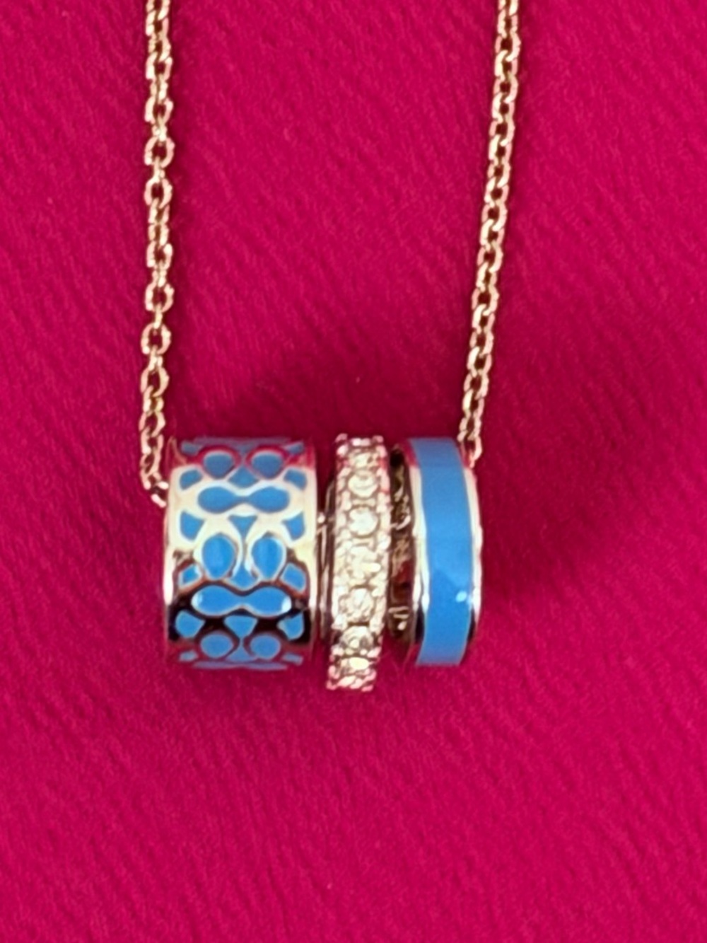 Coach 18” Silver Necklace with 3 Turquoise Blue Enamel Barrel/Ring  Charms - Picture 5 of 7